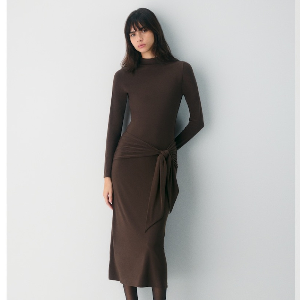 Wilfred Conjure Brown Long-Sleeve Tie-Waist Midi Dress